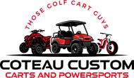 Red golf cart within a black and red curved border; "Coteau Custom Carts" text below.