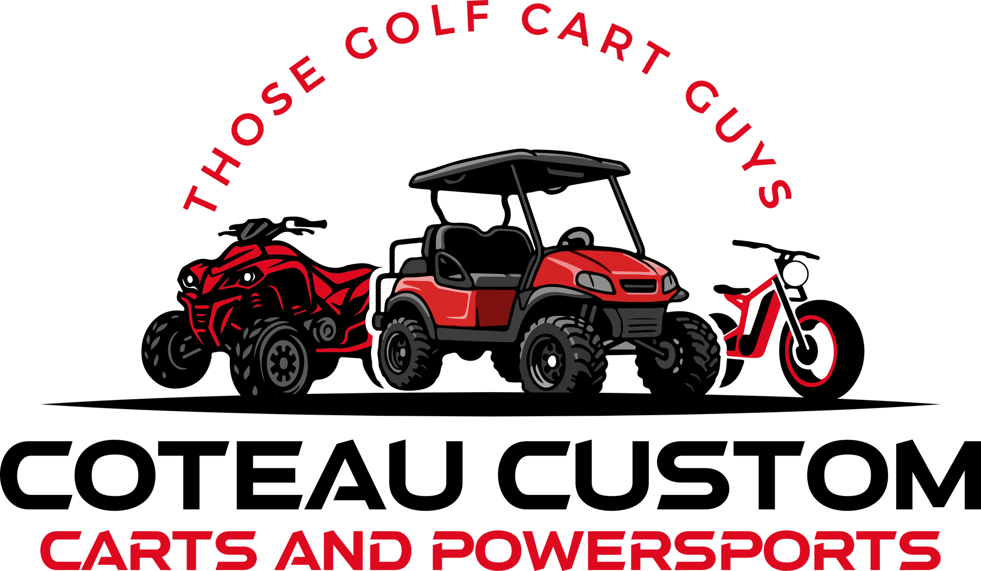 Red golf cart within a black and red curved border; "Coteau Custom Carts" text below.