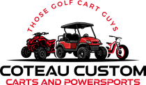 Red golf cart within a black and red curved border; "Coteau Custom Carts" text below.