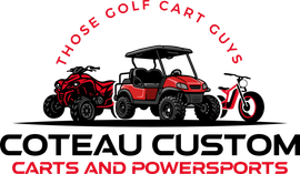 Red golf cart within a black and red curved border; "Coteau Custom Carts" text below.