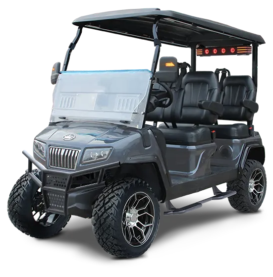 Gray lifted golf cart with black seats, tires, and roof, parked on a white background.