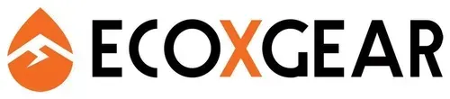 Logo for ECOXGEAR, orange droplet with a mountain image, black letters.
