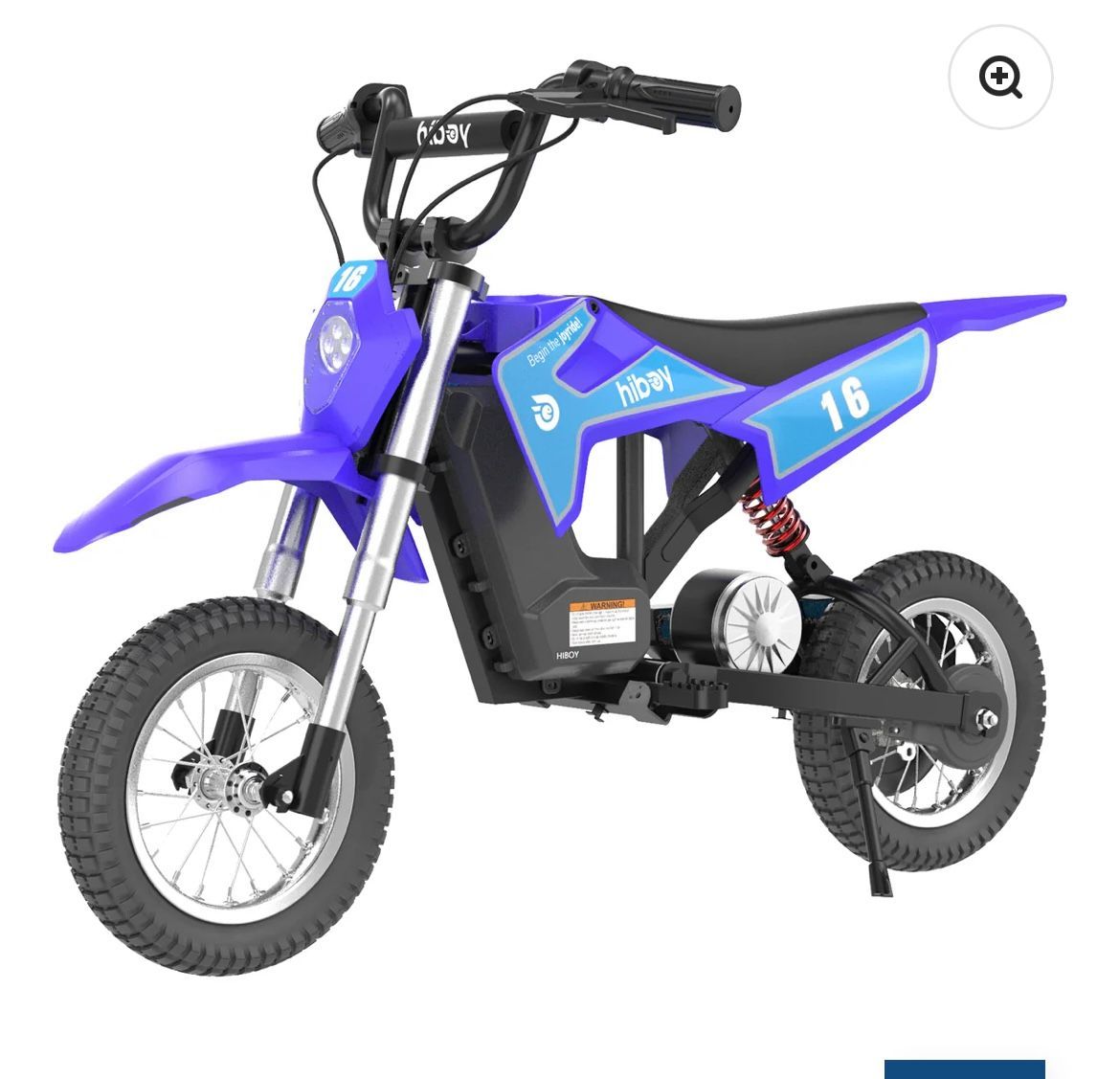 Blue and black electric dirt bike with number 16 on it.