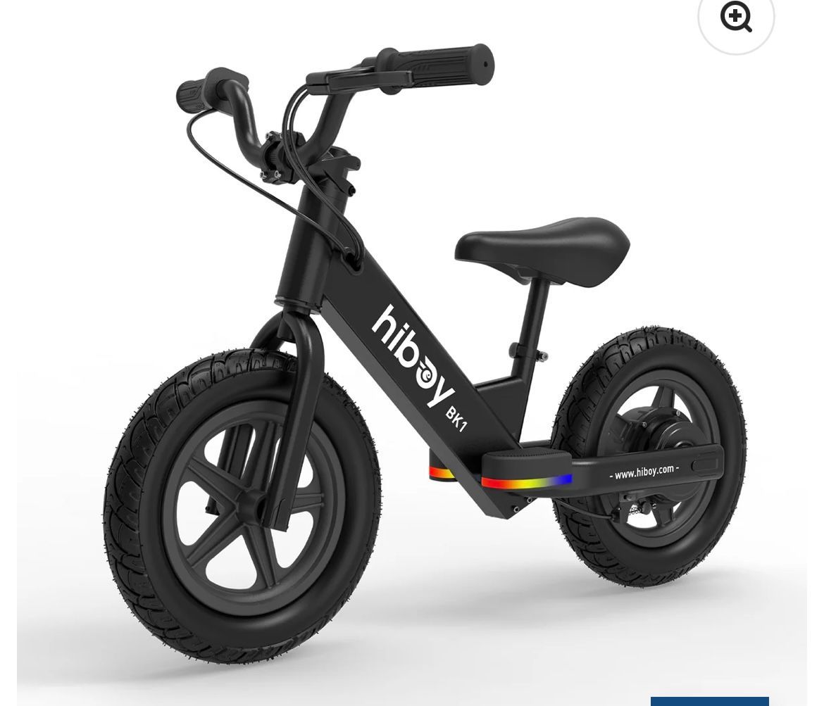 Black Hiboy electric balance bike with dark tires, a small seat, and rainbow lights.