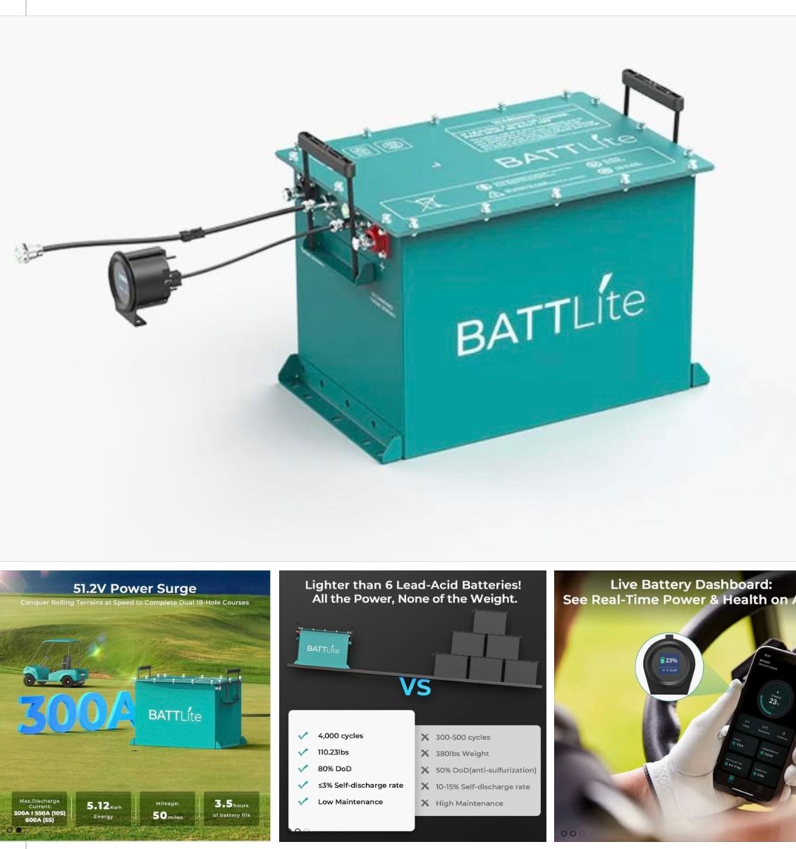 A teal BATTlite battery with handles and a connected cable. Below, graphics compare it to lead-acid batteries and show a golf cart with the battery.