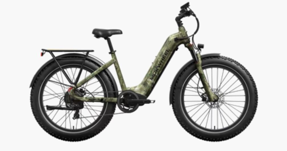 Olive green electric bicycle with fat tires and cargo rack.