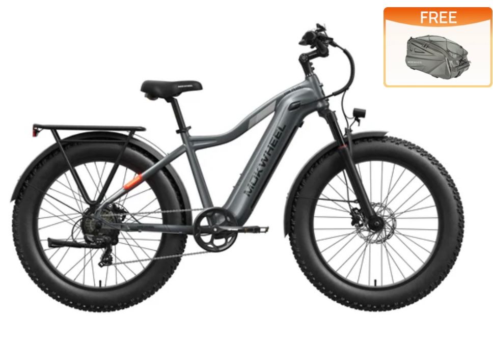 Gray electric fat tire bike with cargo rack, free bike cover included.