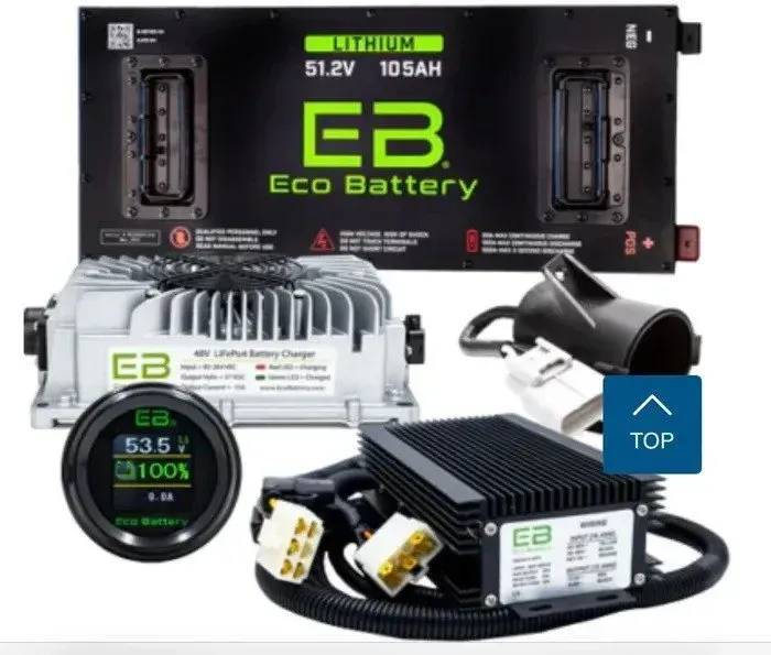 Eco Battery lithium battery system components: battery, charger, gauge, and wiring.