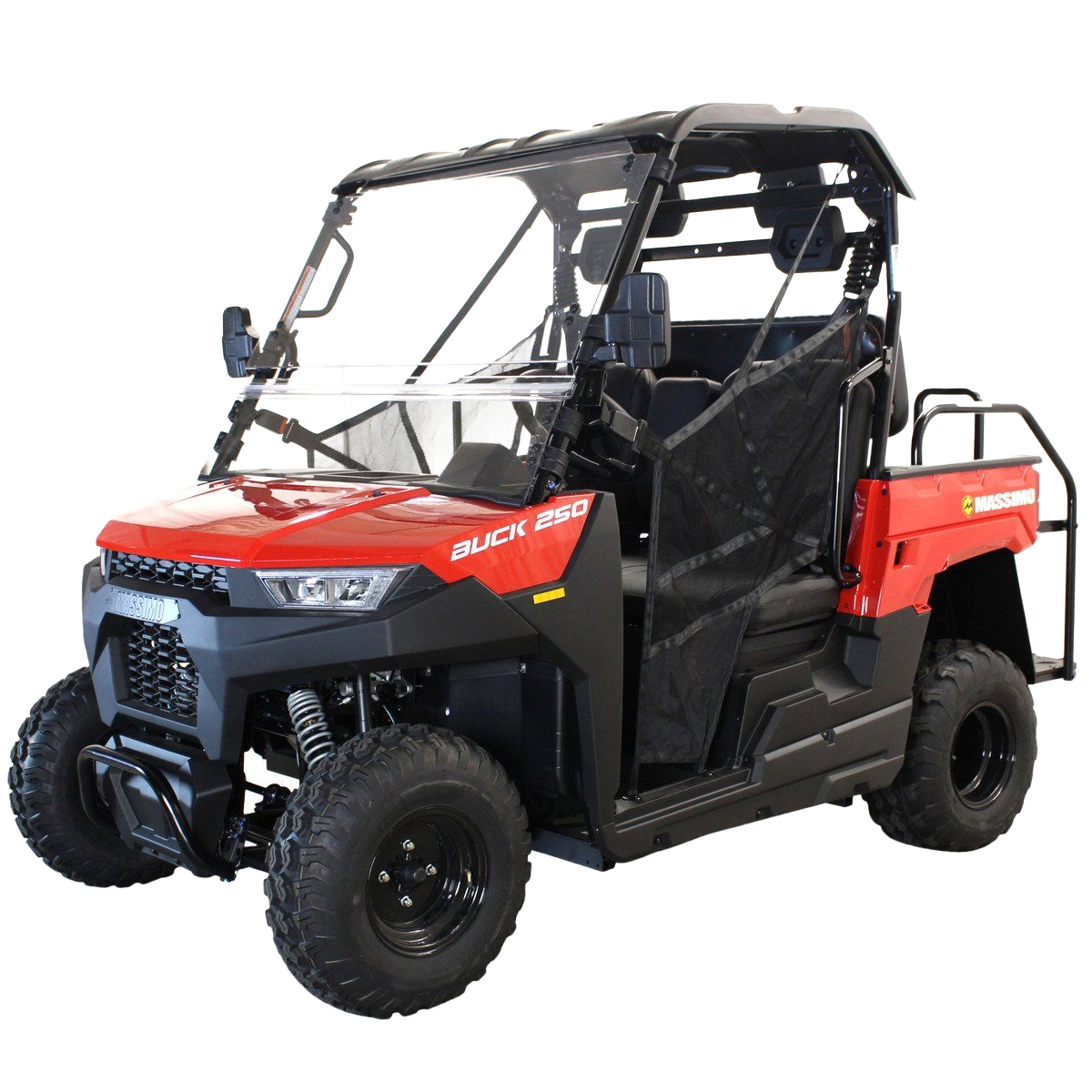 Orange and black utility terrain vehicle (UTV) with black bed and roll cage.