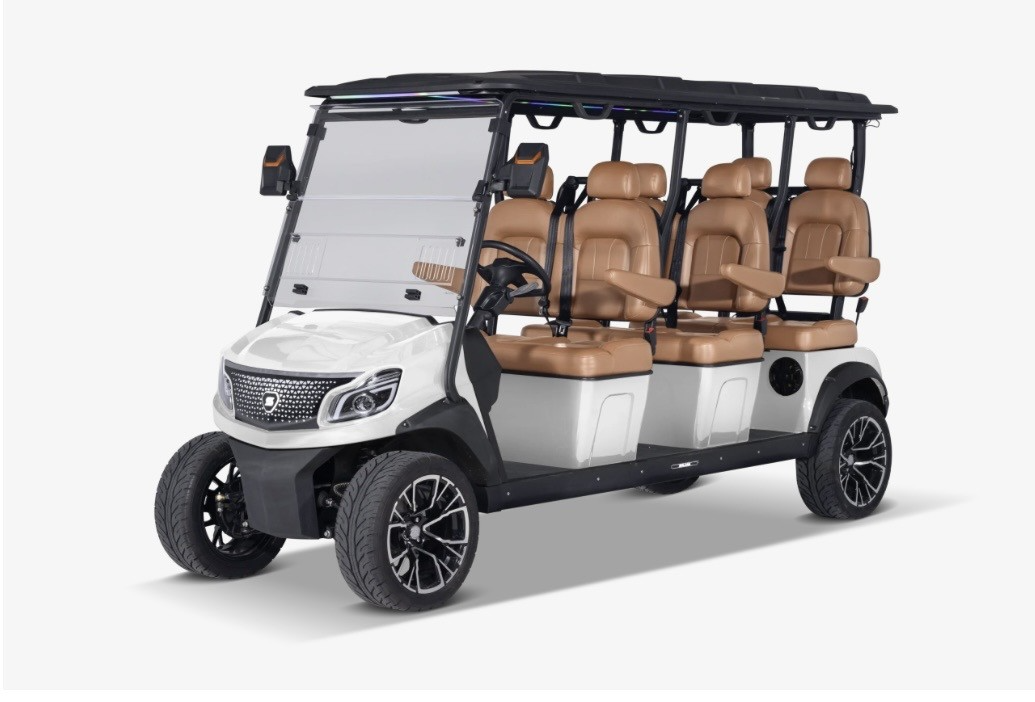 White six-seat golf cart with tan seats and black roof, shown on a plain white background