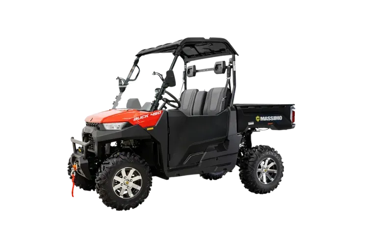 Orange and black utility terrain vehicle (UTV) with black bed and roll cage.