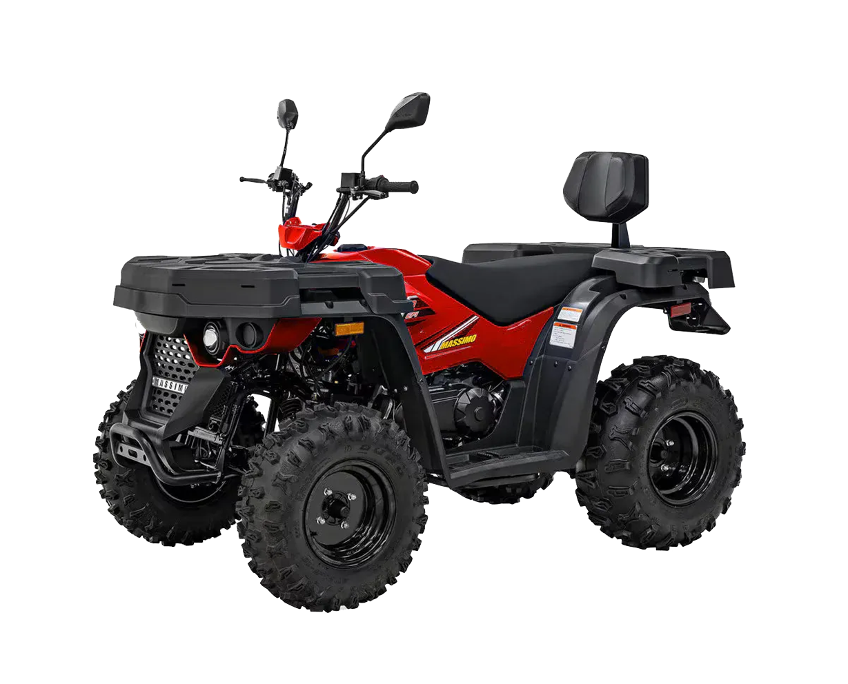 Red and black ATV with large tires, angled slightly to the right, isolated on a white background.