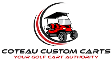 Red golf cart within a black and red curved border; "Coteau Custom Carts" text below.