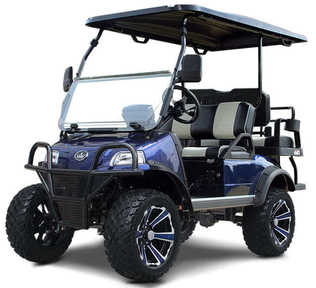 Blue golf cart with black roof, off-road tires, and two rows of seats.