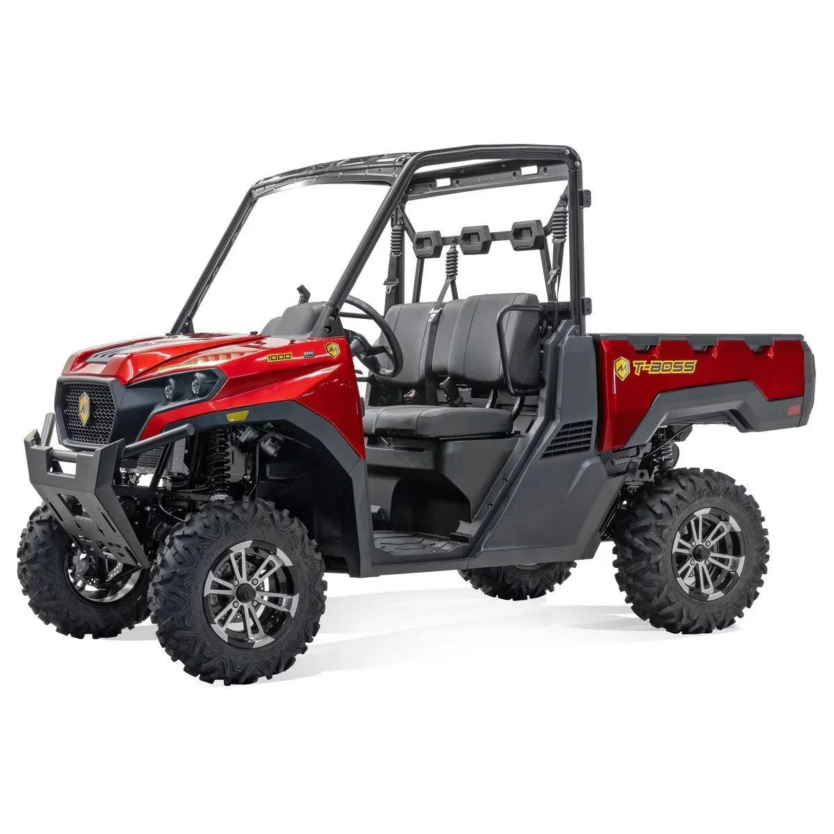 Red and black UTV with black roll cage, rugged tires, and a cargo bed.