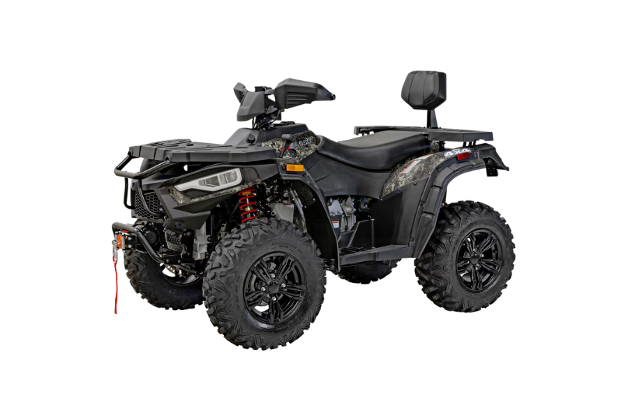 Dark gray ATV with black wheels, equipped with brush guards and a backrest, on a white background.