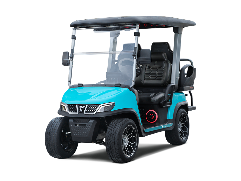 Turquoise and black electric golf cart with a windshield, seats, and a canopy on a white background.
