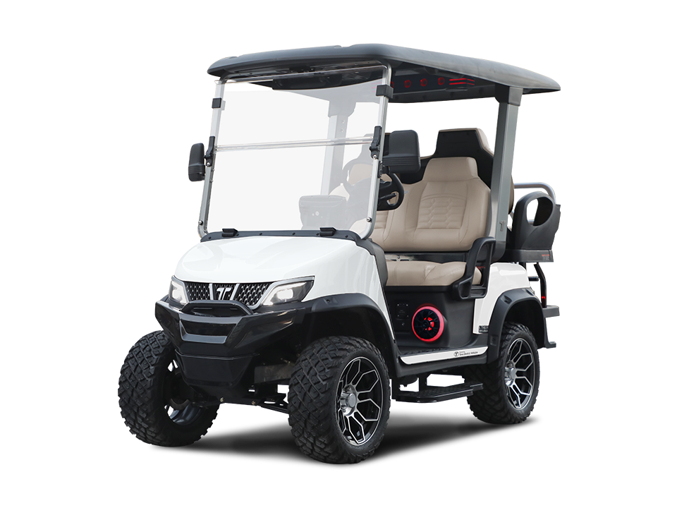 White golf cart with black accents, large tires, and windshield.
