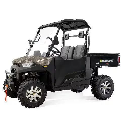 Camouflage side-by-side ATV with black accents, a windshield, and a cargo bed.
