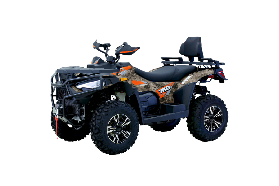 Camouflage ATV with black wheels and front brush guard.