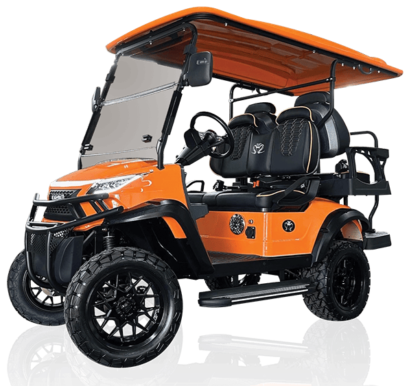 Orange and black golf cart with rugged tires.