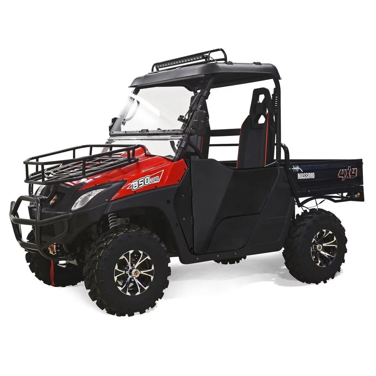 Red and black utility terrain vehicle with a rack and cab.