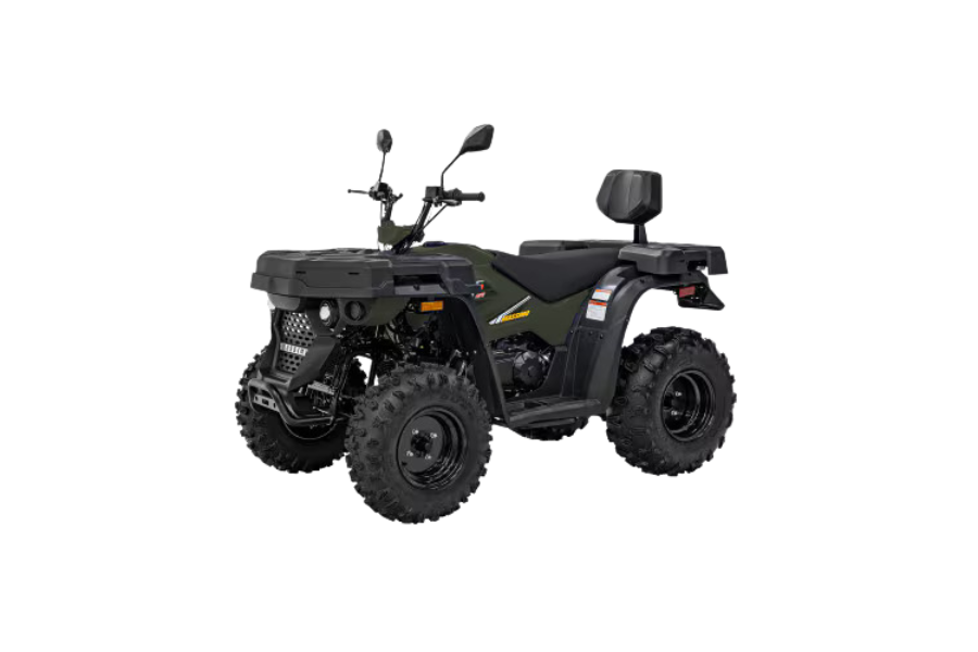 Dark green ATV on white background.