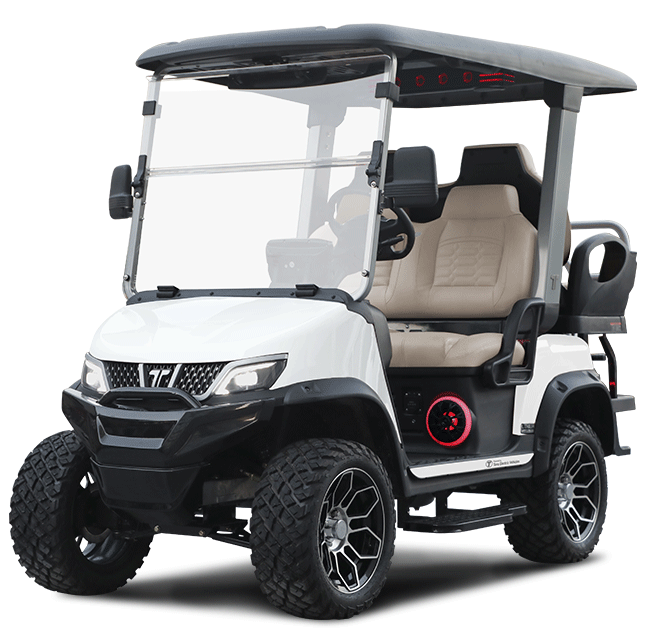 White golf cart with black accents, lifted, on a blacktop surface.