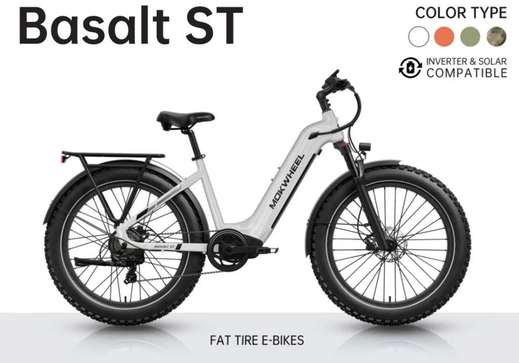 White electric fat tire bike with cargo rack, shown from the side. Color options: white, orange, olive green, dark green.