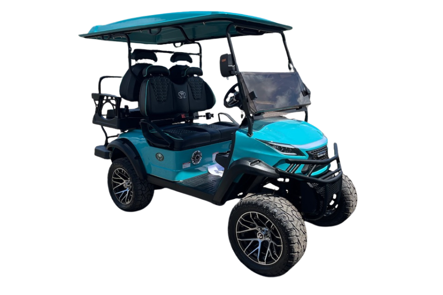 Teal golf cart with black accents, lifted suspension, and large tires, parked outdoors.