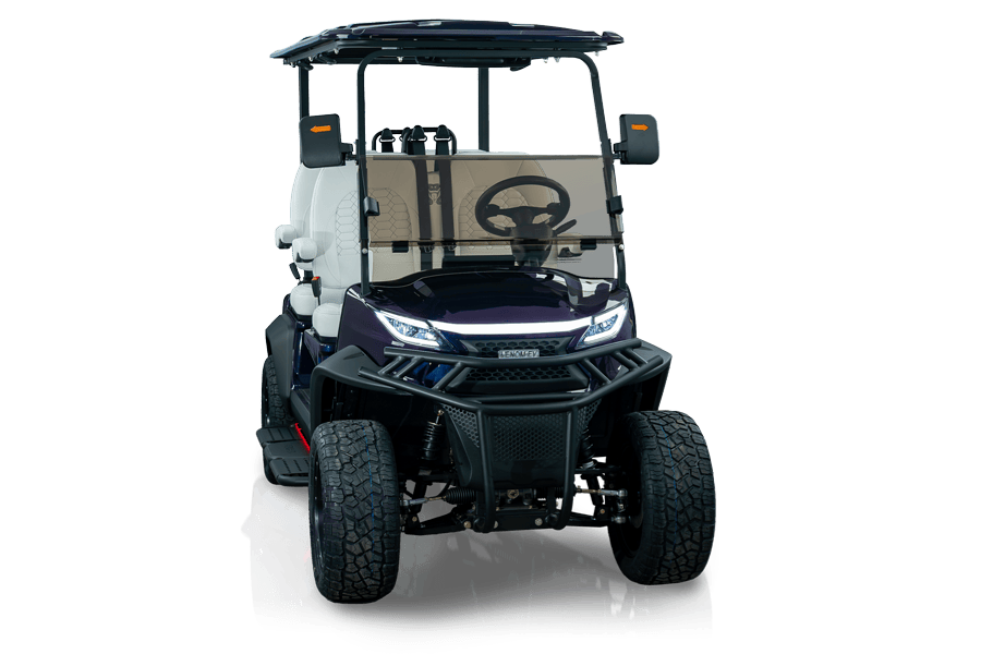 Dark blue golf cart with black accents, off-road tires, and a protective front bumper.