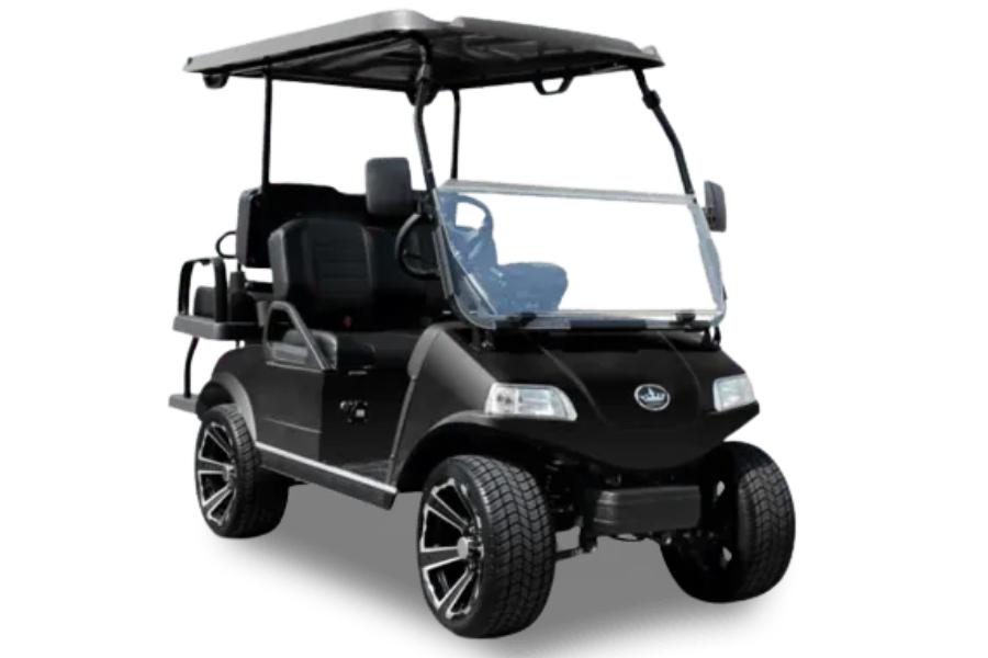Black golf cart with black seats, windshield, and canopy on white background.