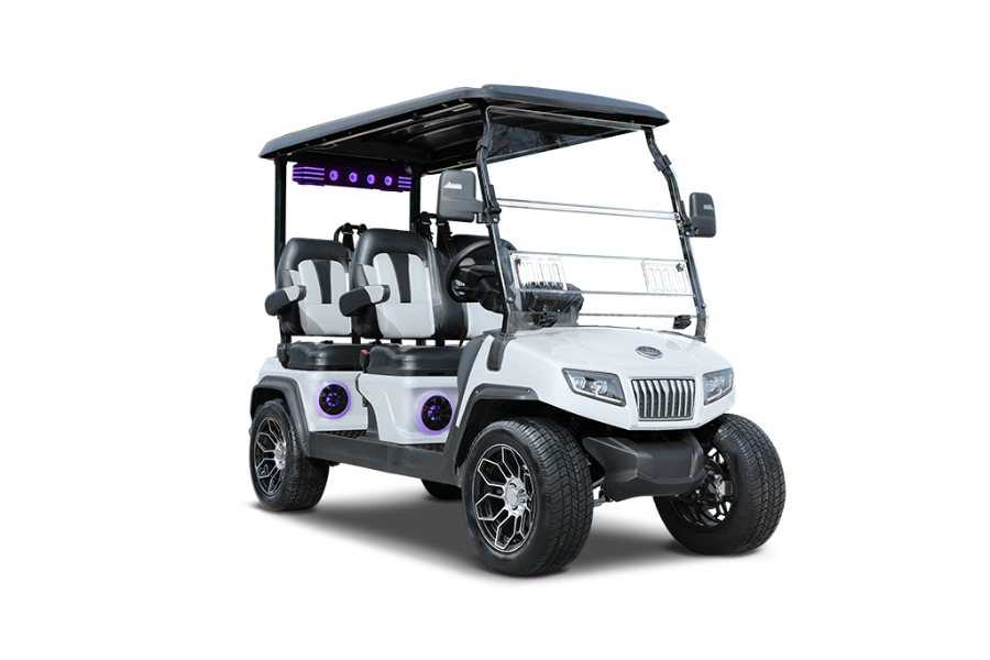 White golf cart with black accents and purple lights.