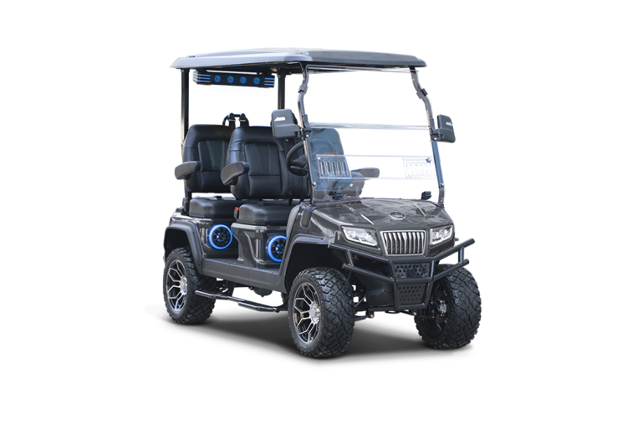 Black golf cart with off-road tires, a windshield, and a roof, on a white background.
