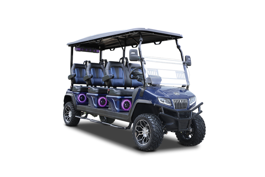 Blue six-seater golf cart with off-road tires, black roof, and exterior speakers.