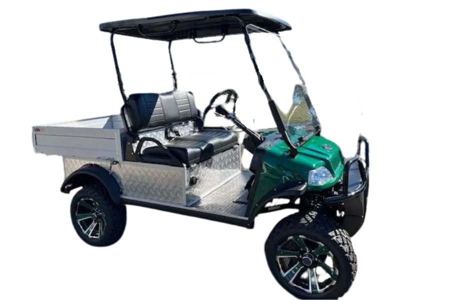 Green and silver utility golf cart with black accents, black roof and windshield, diamond-plate siding.