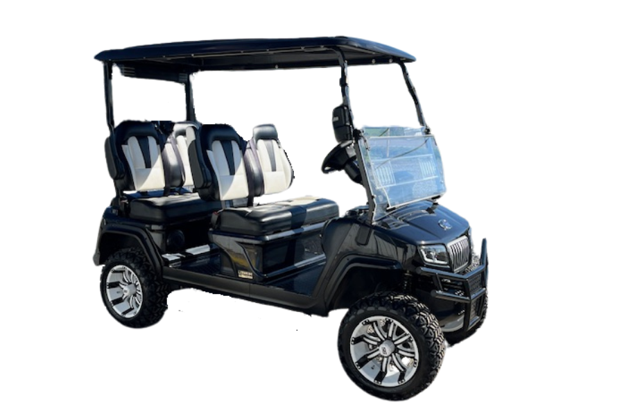 Black golf cart with silver wheels, seating six. Features a roof, windshield, and off-road tires.