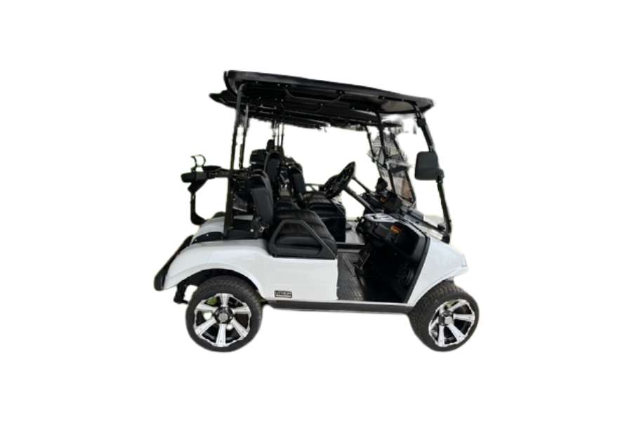 White golf cart with black roof and accents, on a white background.