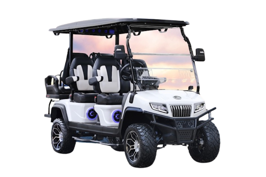 White golf cart with black accents, lifted tires, and a windshield.