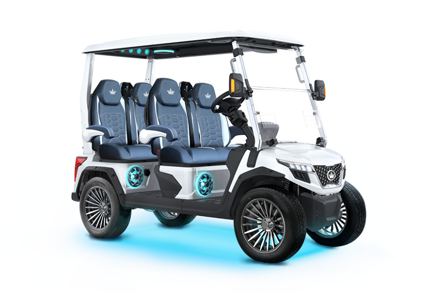 White, six-seat golf cart with blue seating, and LED lighting, on a white background.