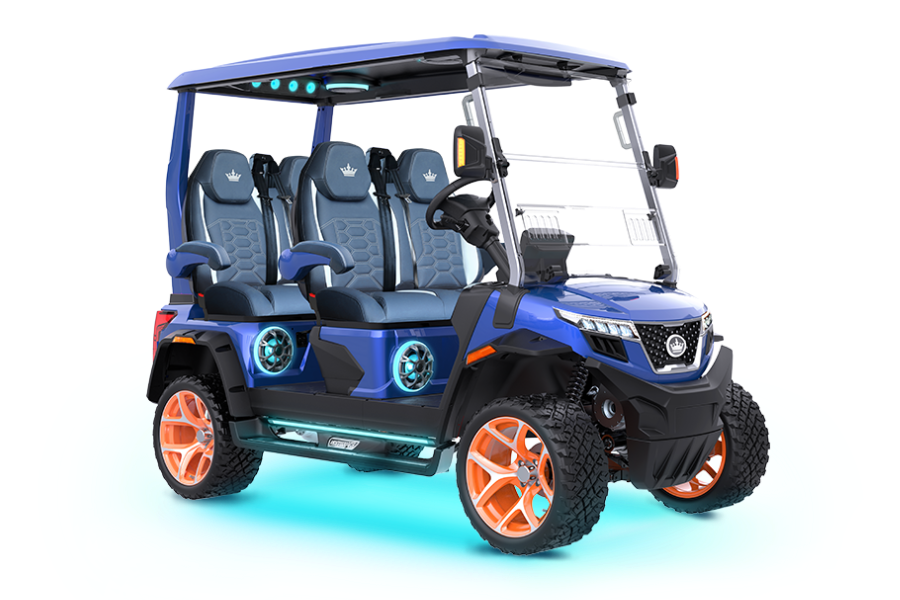 Blue six-seater golf cart with orange rims, undercarriage lighting, and a front windshield.