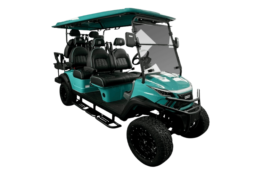 Teal golf cart with black seats, roof, and wheels. Four rows of seating. Black brush guard.
