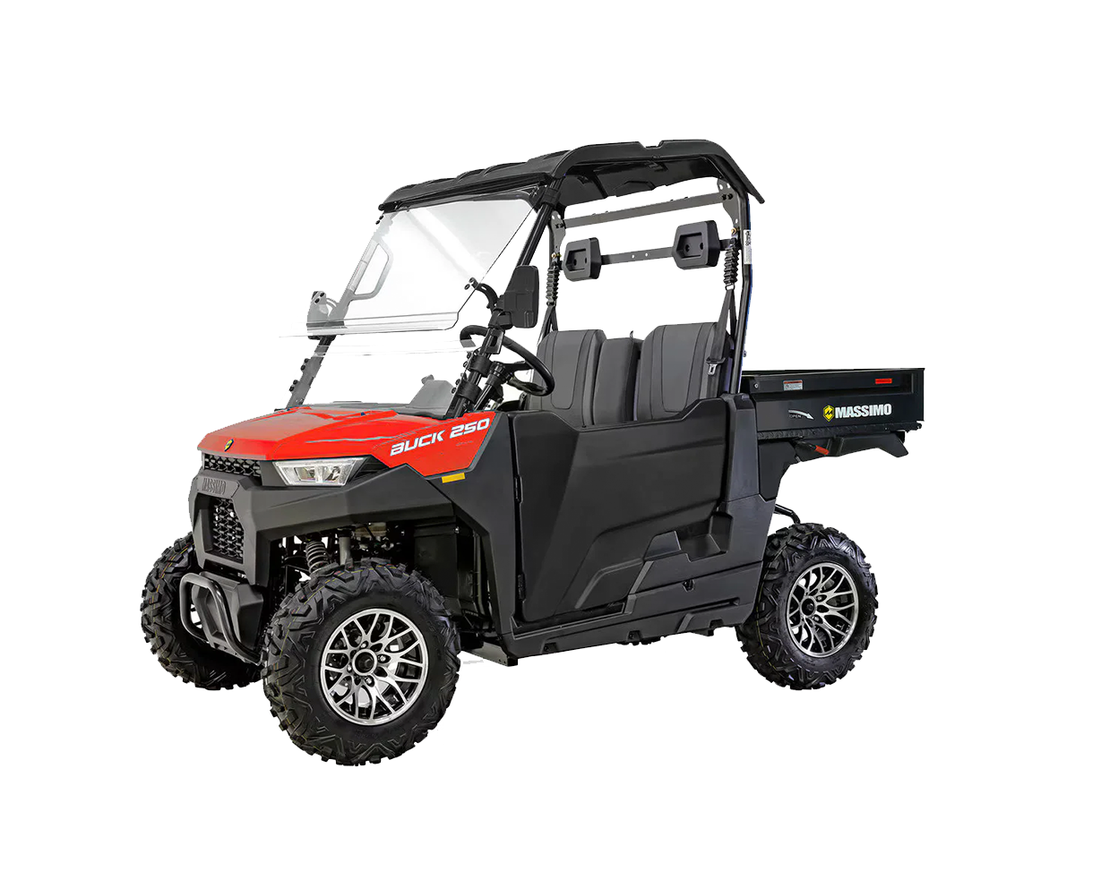 Red and black ATV with large tires, angled slightly to the right, isolated on a white background.