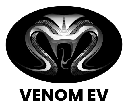 Black and white logo of a cobra with open hood, inside a black oval, "VENOM EV" below.
