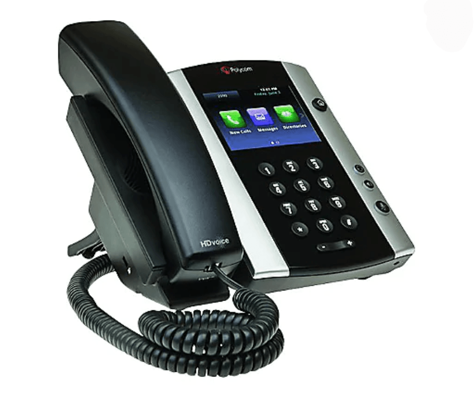 A black and silver telephone with a screen on it