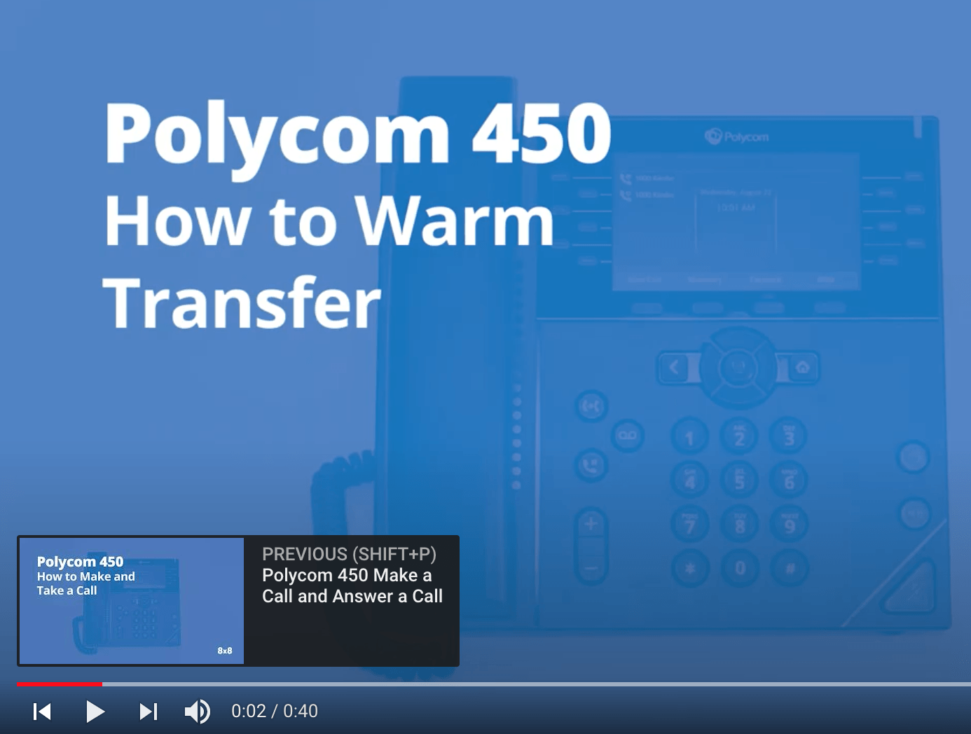 A video titled polycom 450 how to warm transfer