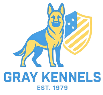 Gray and yellow German shepherd logo with shield and text “GRAY KENNELS EST. 1979”