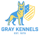 Gray and yellow logo of a German shepherd with shield, reading “GRAY KENNELS EST. 1979”