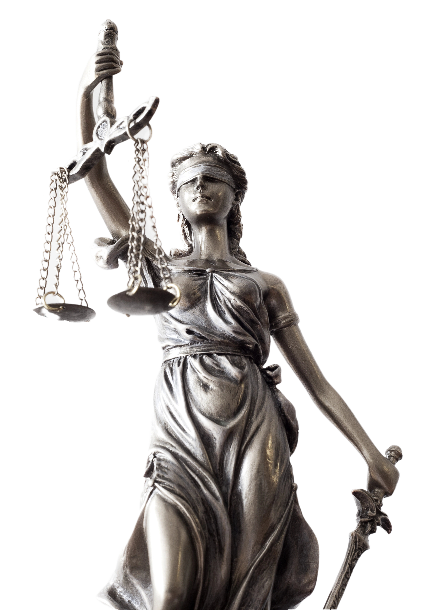 Statua della Giustizia che tiene in mano una bilancia e una spada, bendata.