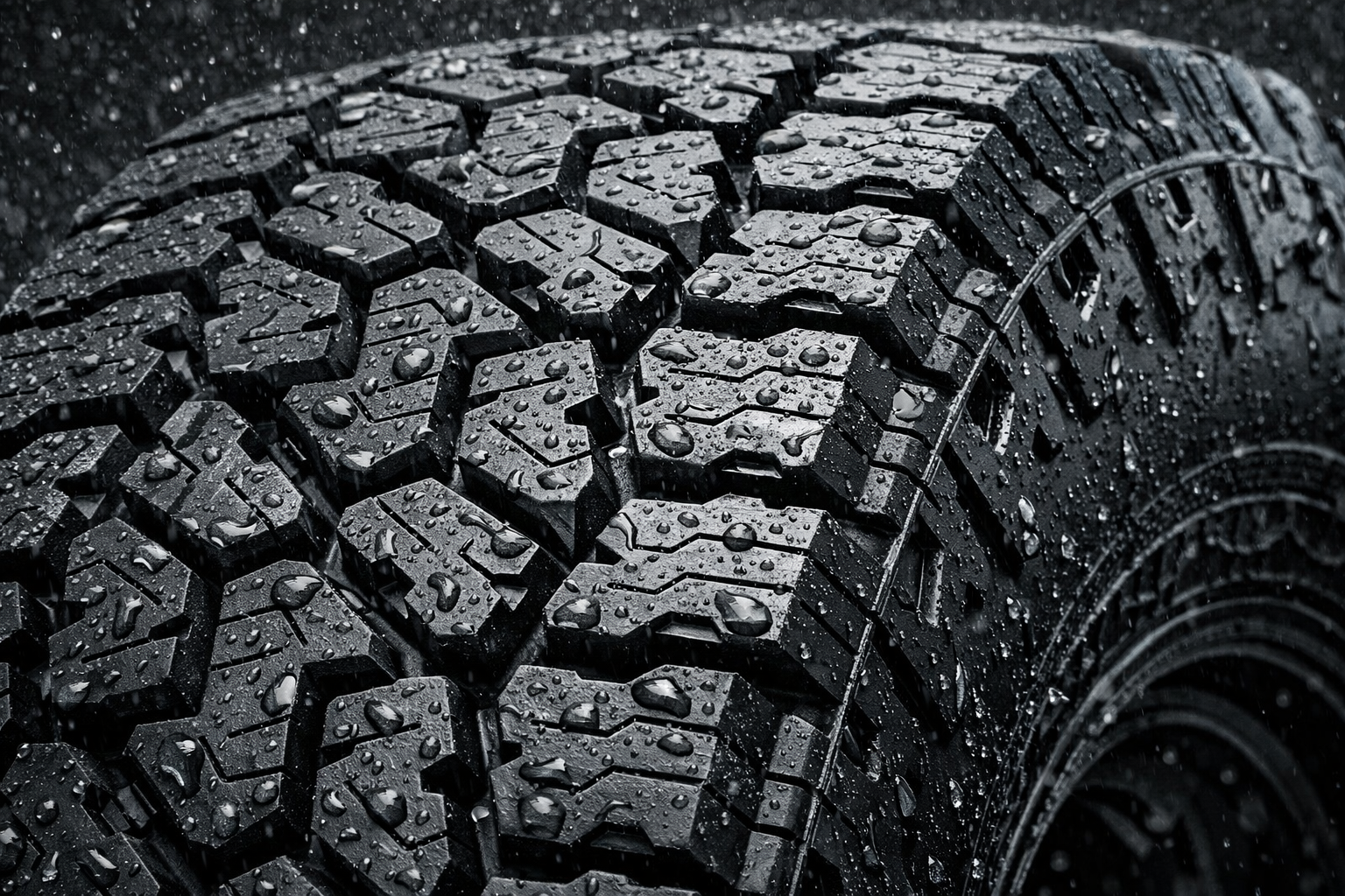 A close-up of a rugged, wet black off-road tire with deep tread patterns and water droplets on its surface.